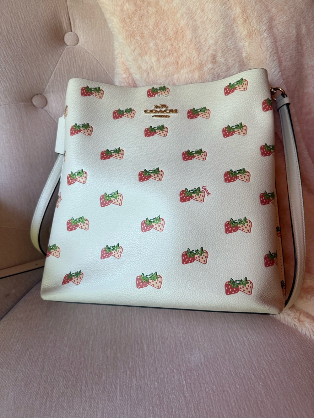 🍓Coach Mollie Bucket Bag with Strawberry Print Cream Pink Leather Shoulder EUC - Picture 3 of 10